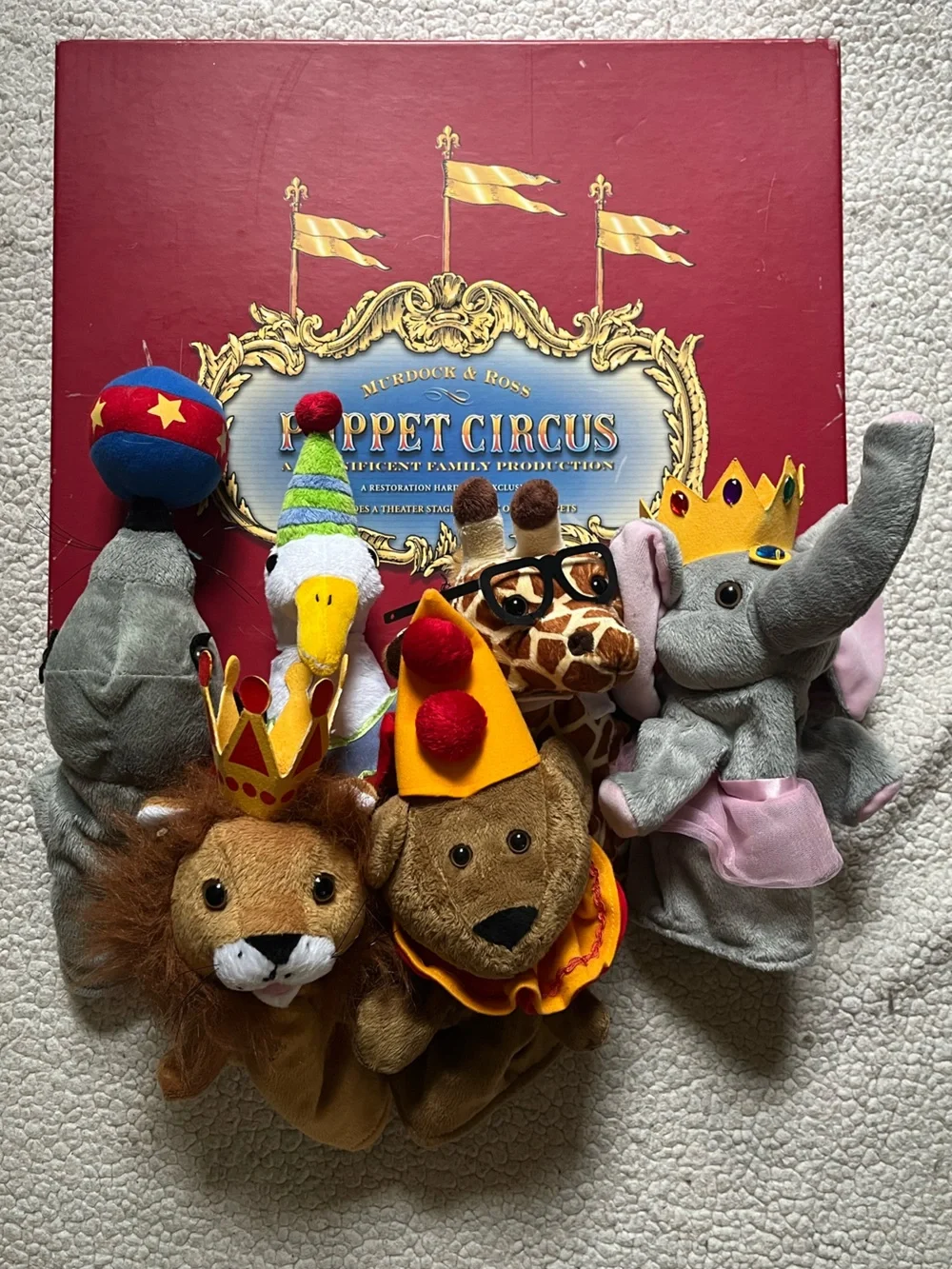 Plush Circus Animal Hand Puppets Set and Stage - Multicolor